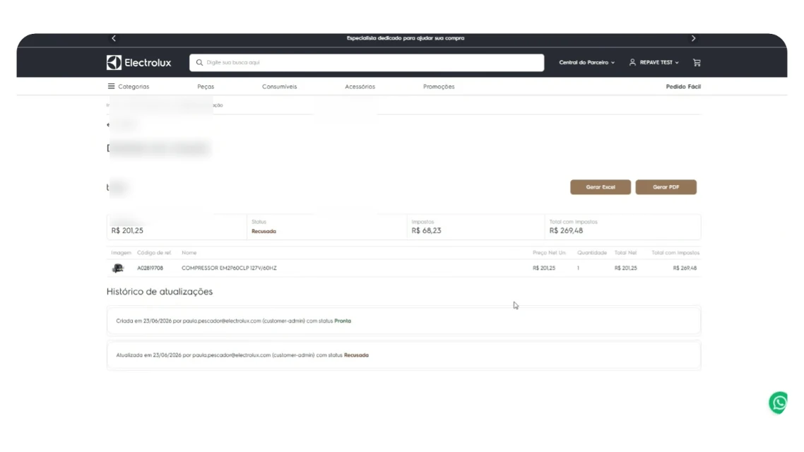 Compatible parts search in the Electrolux Compra Parceiros portal