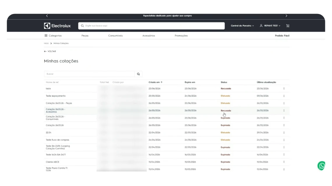 Digital quotes in the Electrolux Compra Parceiros portal