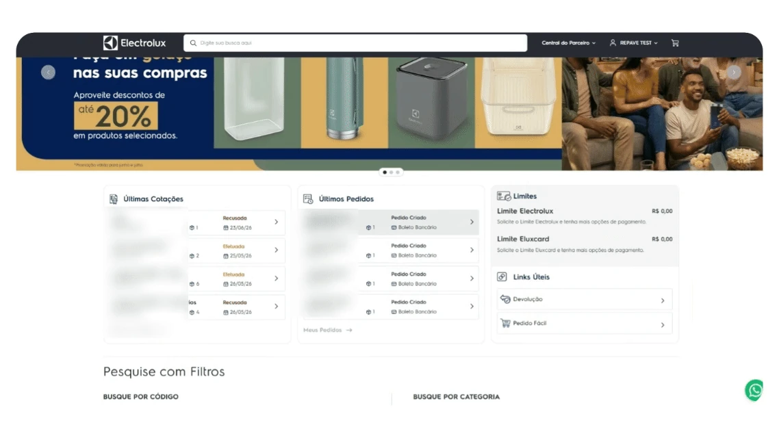 Order and invoice management view in the Electrolux Compra Parceiros portal