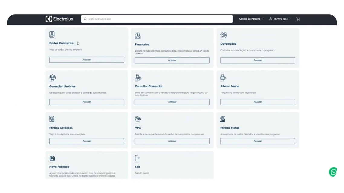 Relationship center in the Electrolux Compra Parceiros portal